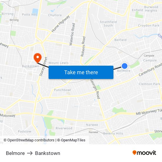 Belmore to Bankstown map