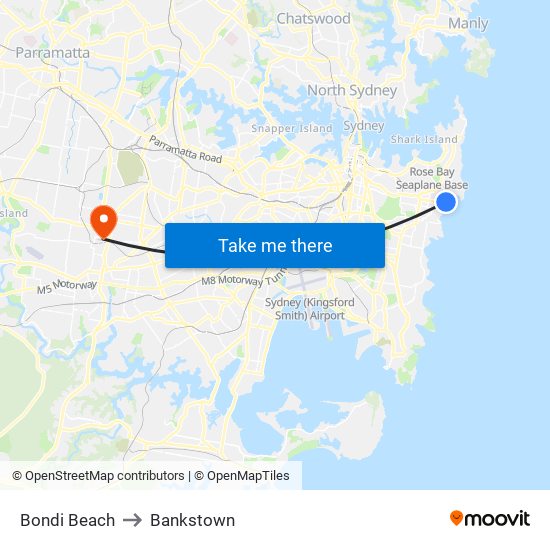 Bondi Beach to Bankstown map