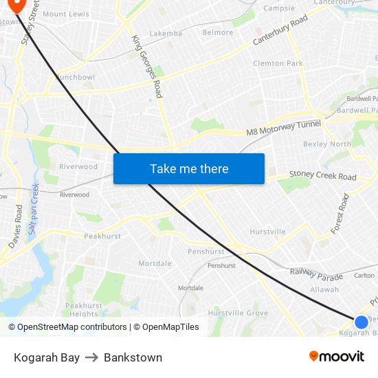 Kogarah Bay to Bankstown map