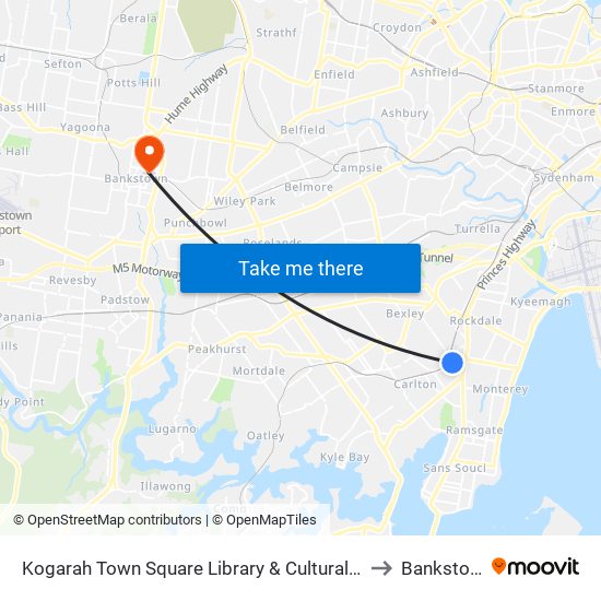 Kogarah Library to Bankstown map