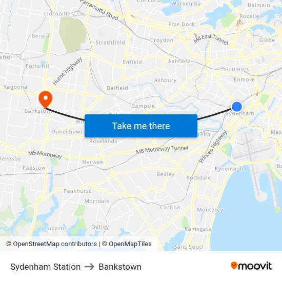 Sydenham Station to Bankstown map