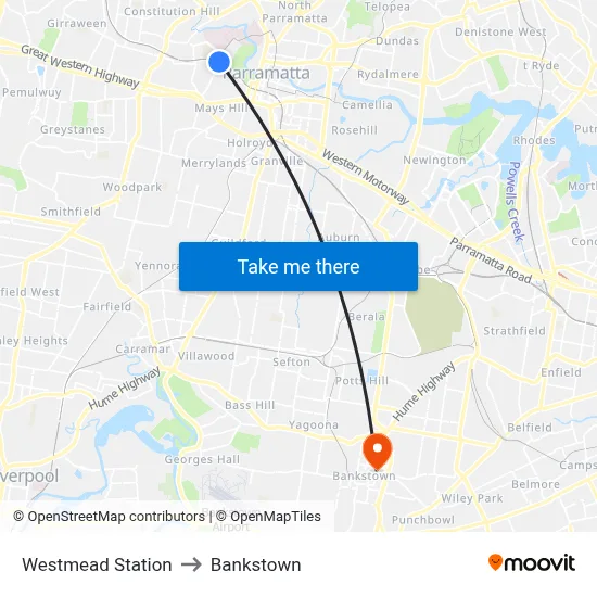 Westmead Station to Bankstown map