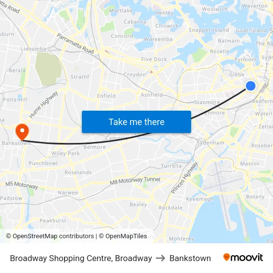 Broadway Shopping Centre, Broadway to Bankstown map
