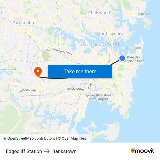 Edgecliff Station to Bankstown map