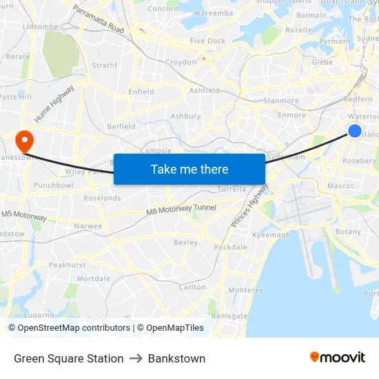 Green Square Station to Bankstown map