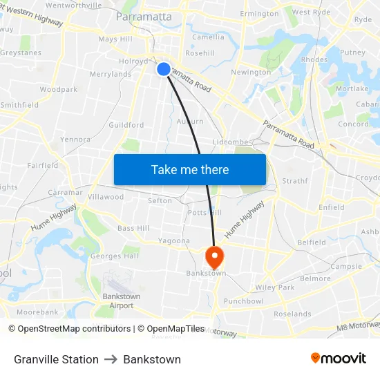 Granville Station to Bankstown map