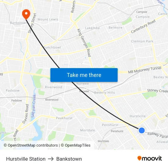 Hurstville Station to Bankstown map