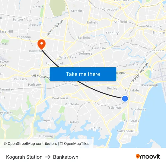 Kogarah Station to Bankstown map