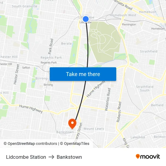 Lidcombe Station to Bankstown map
