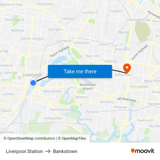 Liverpool Station to Bankstown map