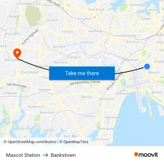 Mascot Station to Bankstown map