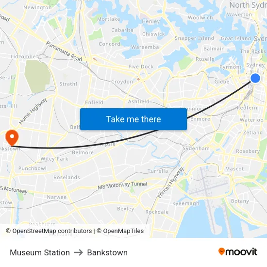 Museum Station to Bankstown map
