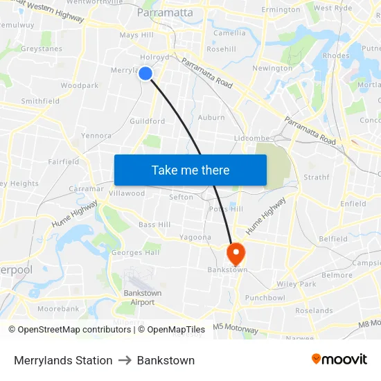 Merrylands Station to Bankstown map