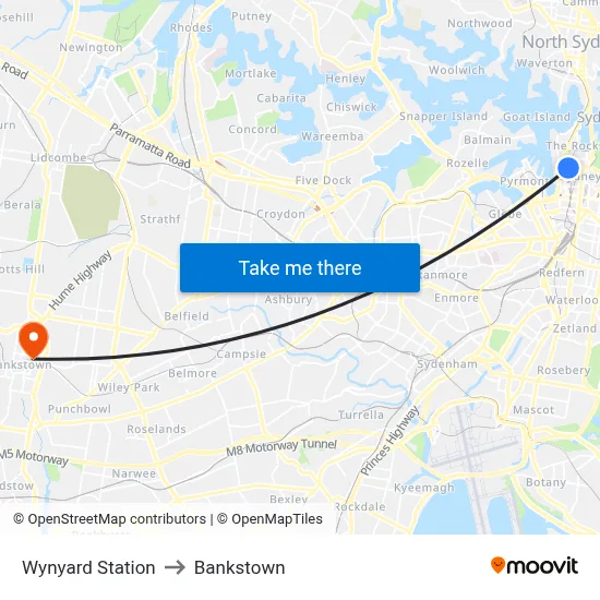 Wynyard Station to Bankstown map