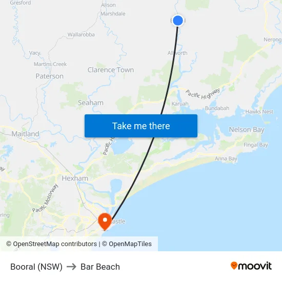 Booral (NSW) to Bar Beach map
