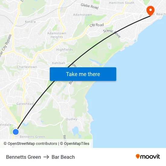 Bennetts Green to Bar Beach map