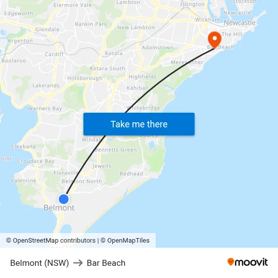 Belmont (NSW) to Bar Beach map