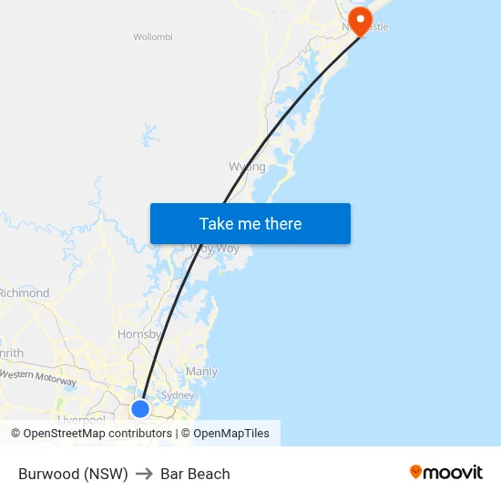Burwood (NSW) to Bar Beach map