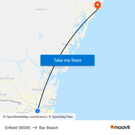 Enfield (NSW) to Bar Beach map