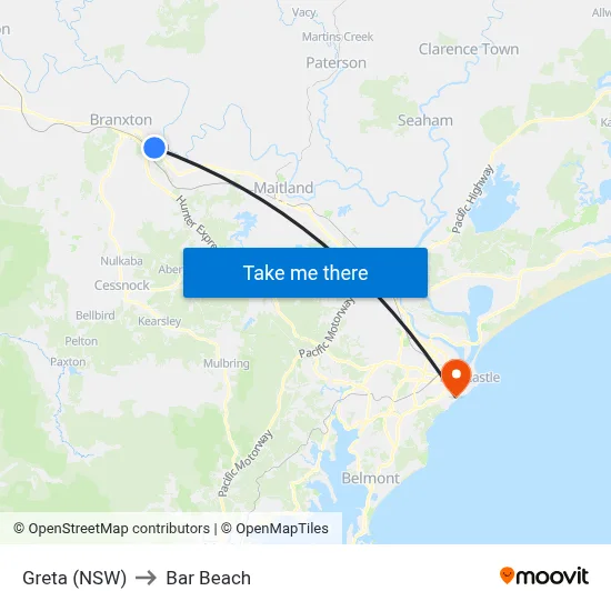Greta (NSW) to Bar Beach map
