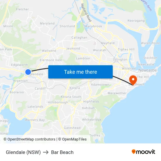 Glendale (NSW) to Bar Beach map