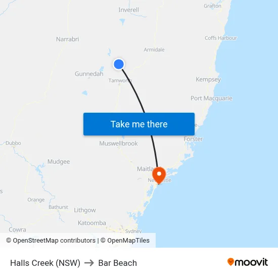 Halls Creek (NSW) to Bar Beach map