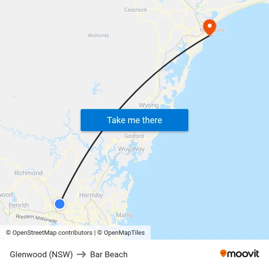 Glenwood (NSW) to Bar Beach map