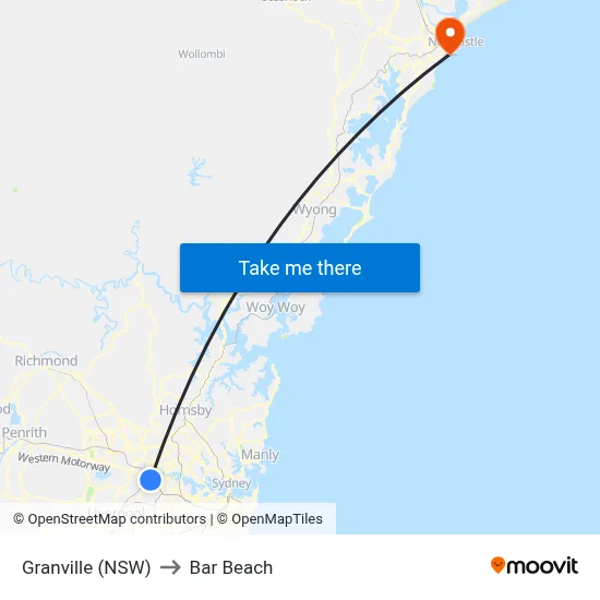 Granville (NSW) to Bar Beach map