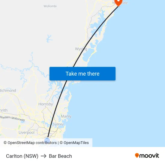 Carlton (NSW) to Bar Beach map