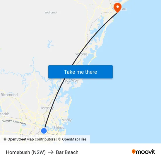 Homebush (NSW) to Bar Beach map