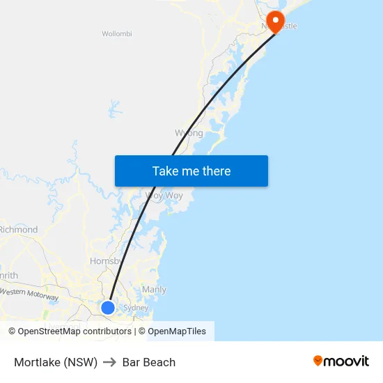 Mortlake (NSW) to Bar Beach map