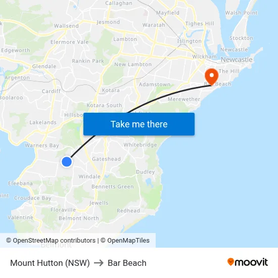 Mount Hutton (NSW) to Bar Beach map