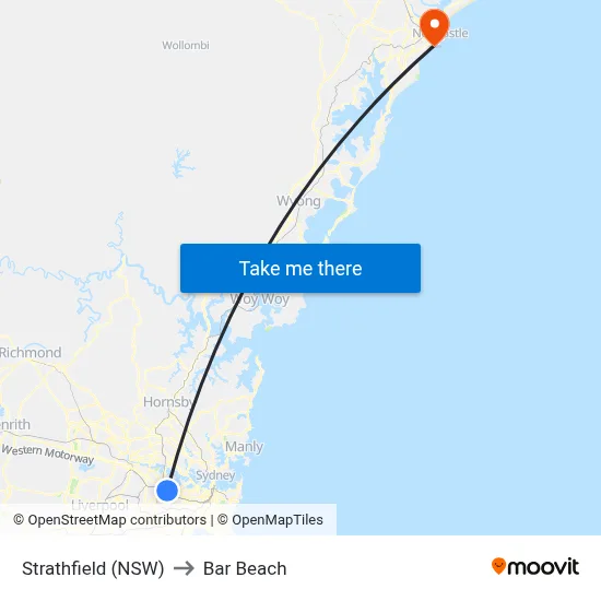 Strathfield (NSW) to Bar Beach map
