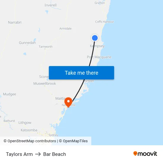 Taylors Arm to Bar Beach map
