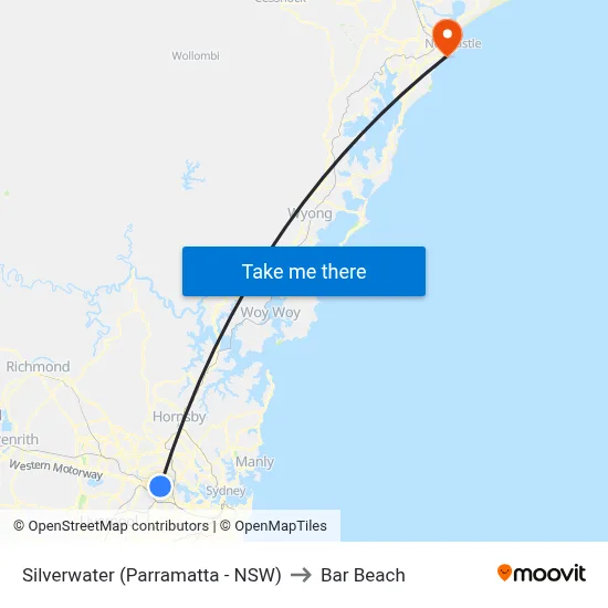 Silverwater (Parramatta - NSW) to Bar Beach map