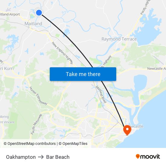 Oakhampton to Bar Beach map