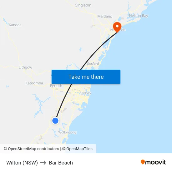 Wilton (NSW) to Bar Beach map