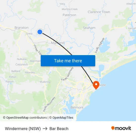 Windermere (NSW) to Bar Beach map
