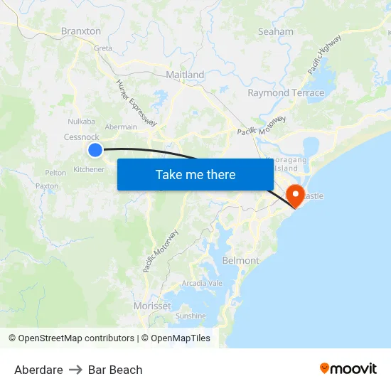 Aberdare to Bar Beach map