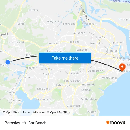 Barnsley to Bar Beach map