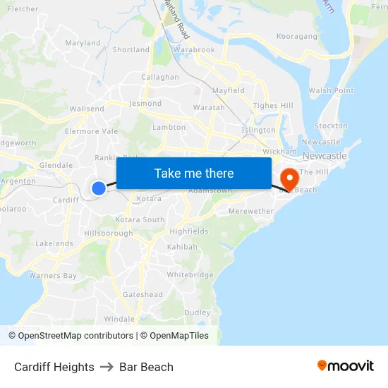 Cardiff Heights to Bar Beach map