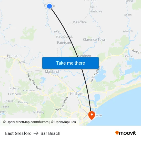 East Gresford to Bar Beach map