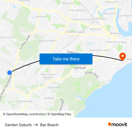 Garden Suburb to Bar Beach map