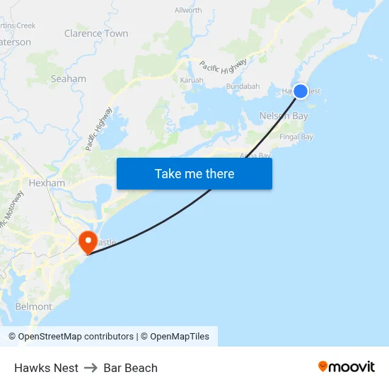 Hawks Nest to Bar Beach map