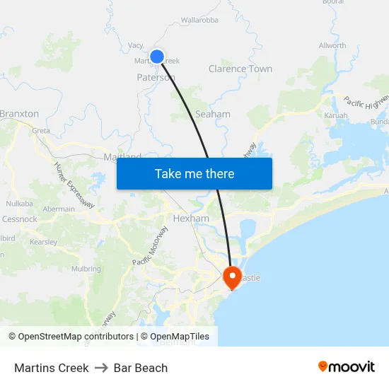 Martins Creek to Bar Beach map