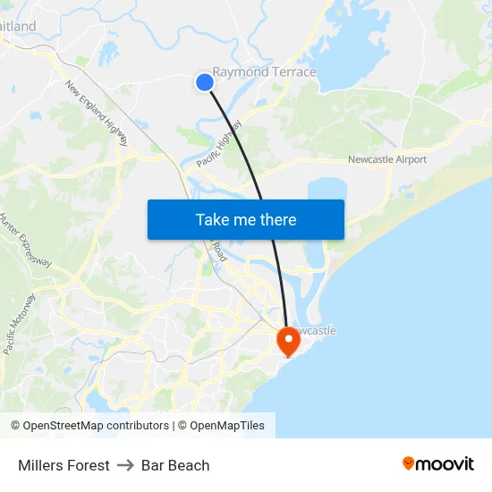 Millers Forest to Bar Beach map