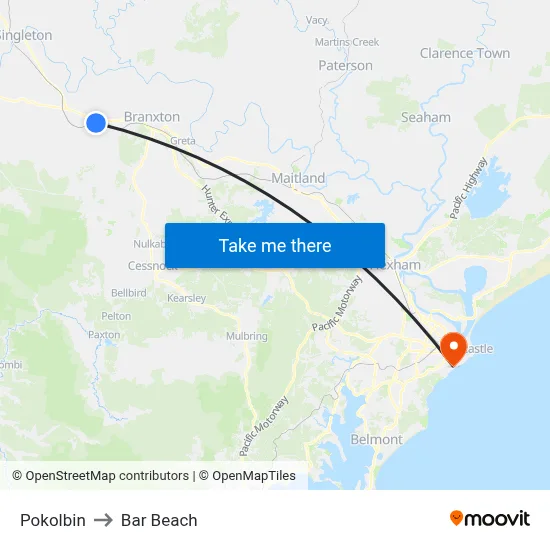 Pokolbin to Bar Beach map