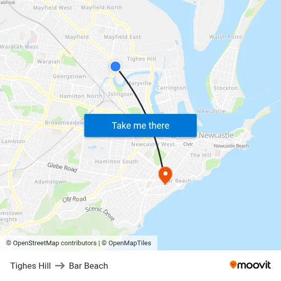 Tighes Hill to Bar Beach map