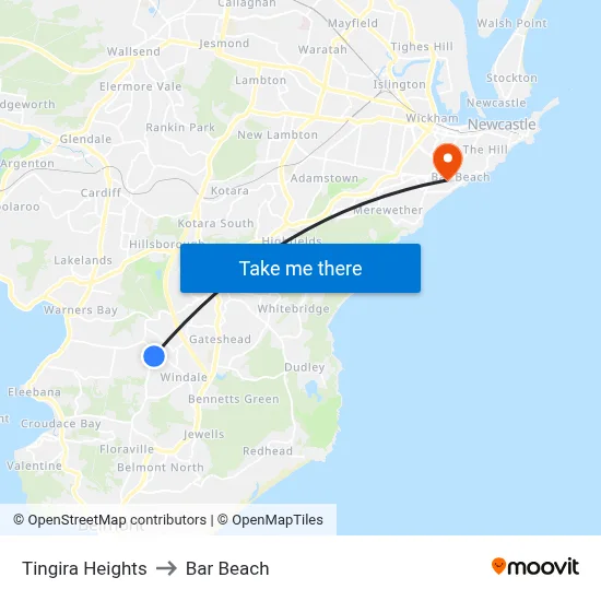 Tingira Heights to Bar Beach map