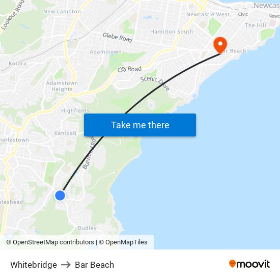 Whitebridge to Bar Beach map